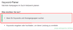 Screenshot Adwords Keyword-Planer "Ideen für Keywords und Anzeigengruppen suchen"