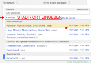 Screenshot Adwords Keyword-Planer: Zielort oder Zielregion für die Keywordanalyse eingeben