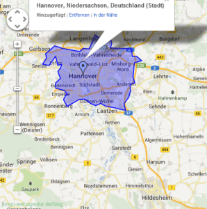 Screenshot Adwords Keyword-Planer: Visualisierung der Stadtgrenzen auf Basis der Daten aus Google Maps.